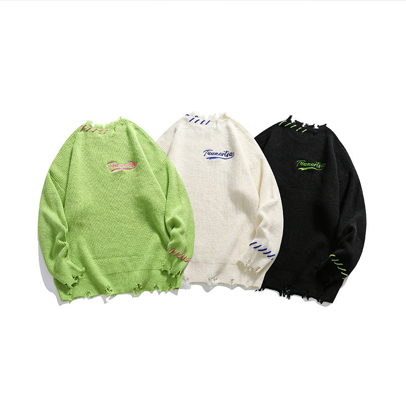 High Street Hip Hop Contrasting Color Embroidery Ripped Green Sweater