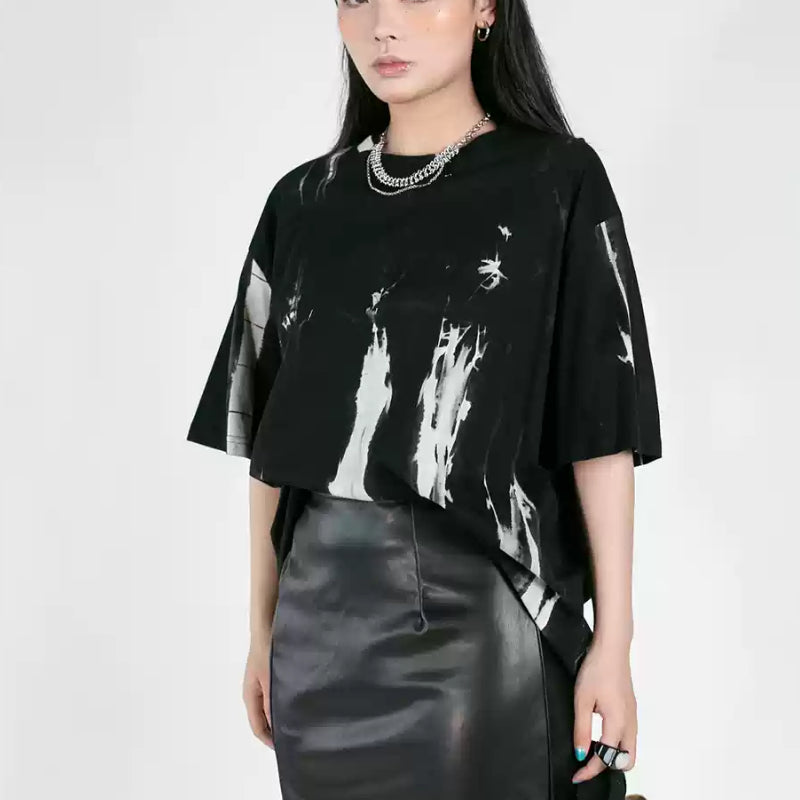Håndlavet Tie-dye T-shirt Rund Hals Løs Lige Blomstrende Kortærmet