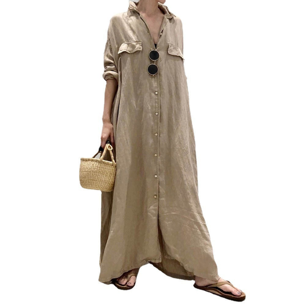 Women's New Solid Color Cardigan Long Shirt Dress