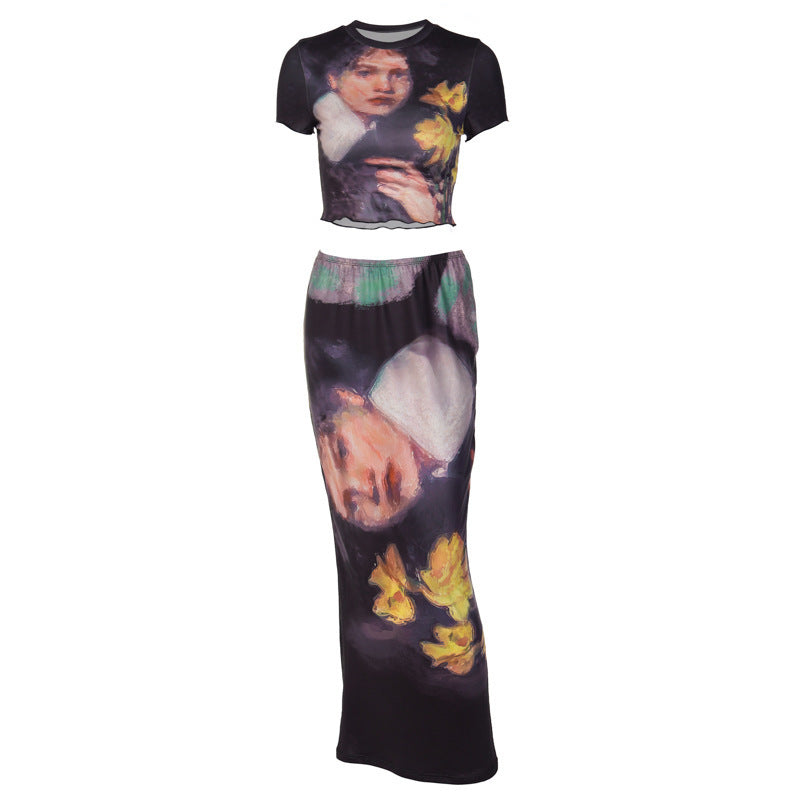 Women's Printed Round Neck Short Sleeve T-shirt Long Dress Suit