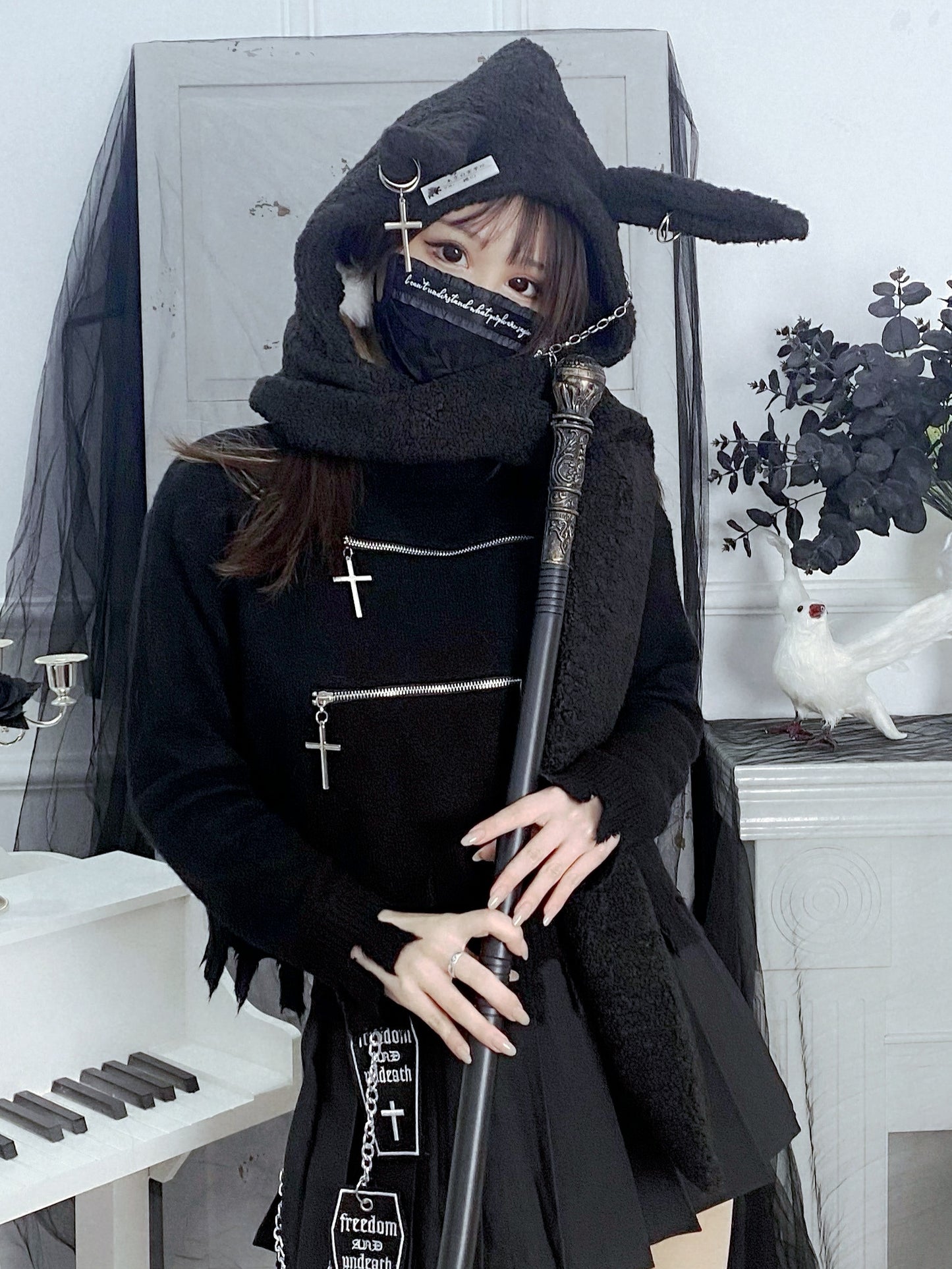 Punk Rabbit Ear Hat Chain Cross Long Lamb Wool Scarf Hard Girl