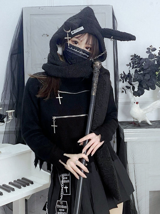 Punk Rabbit Ear Hat Chain Cross Long Lamb Wool Scarf Hard Girl