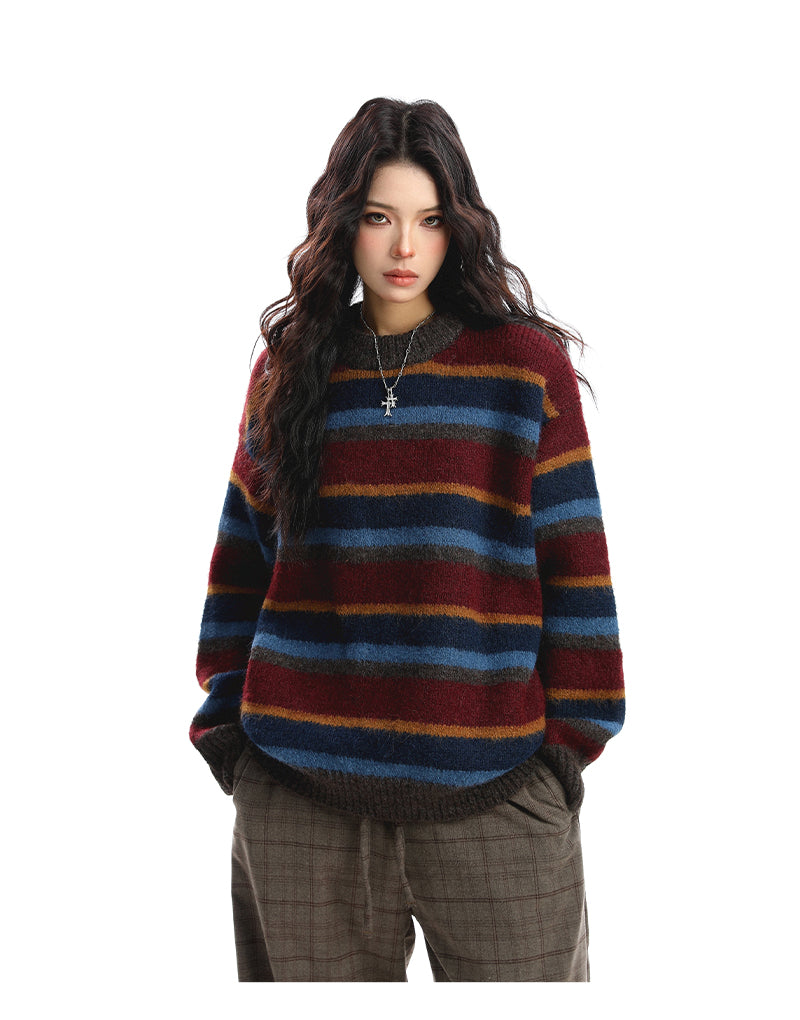 Women's American-style Contrast Striped Round Neck Sweater Autumn
