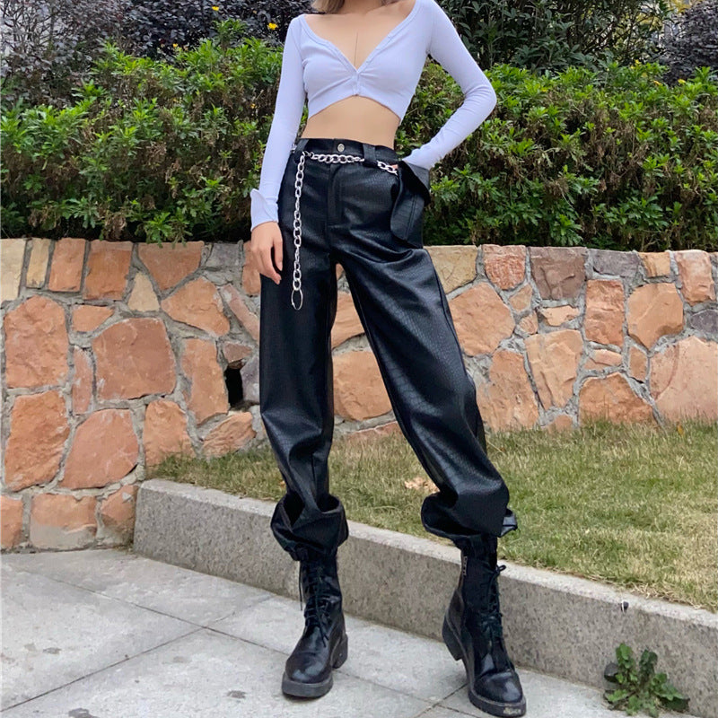 Women's Black Scaly Leather Overalls