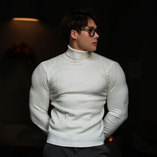 Men's High-neck Slim-fit Solid Color Twisted Knit Sweater