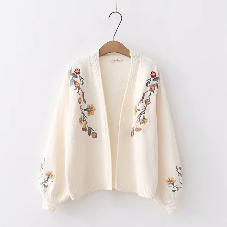 Knit Cardigan Embroidered Balloon Sleeve Loose Sweater Jacket