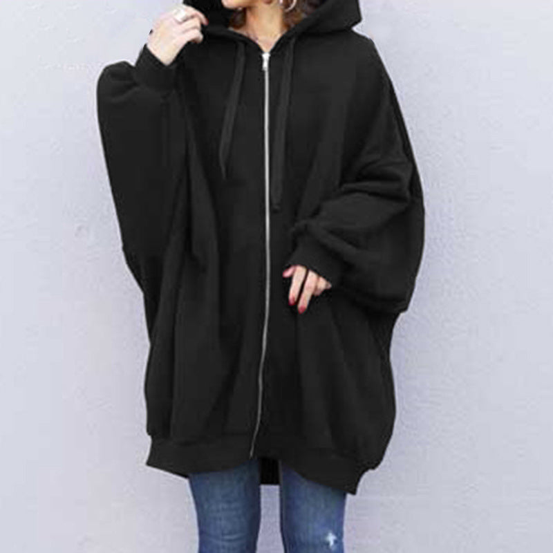 Women's Solid Color European And American Loose Sweater Fashion Hooded Zipper