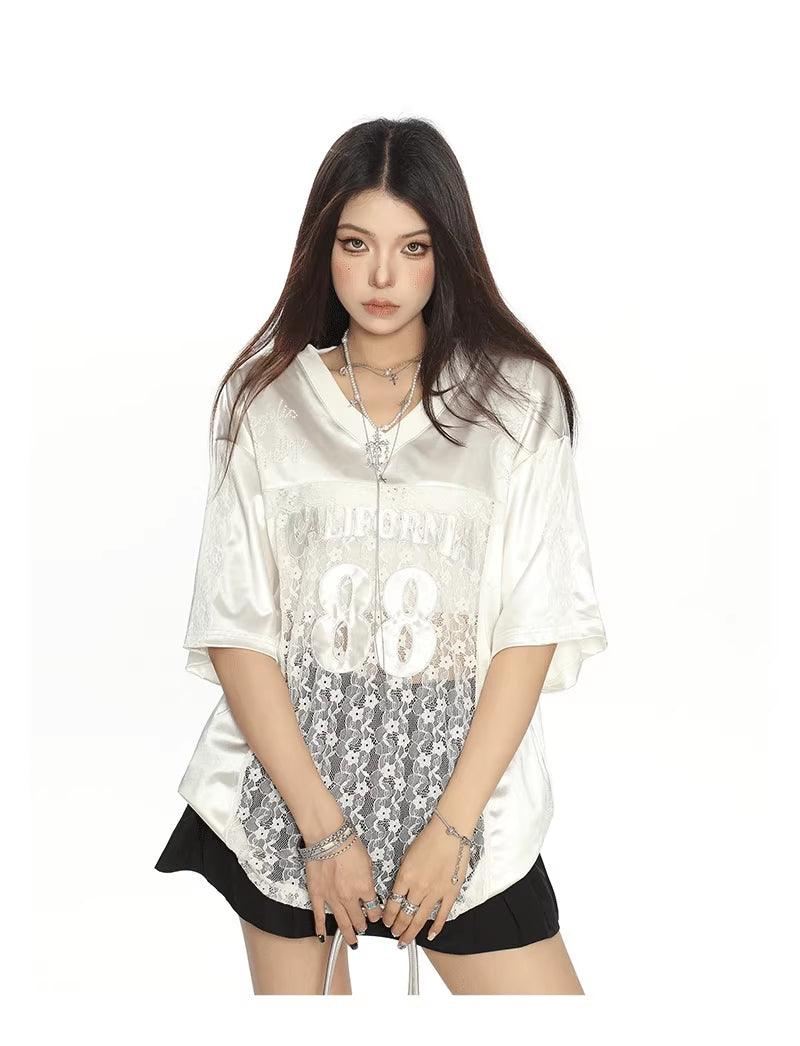 American Retro Lace Stitching Letter Embroidery Short Sleeve T-shirt