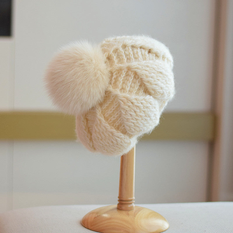 Knitted Fox Velvet Woolen Cap For Women