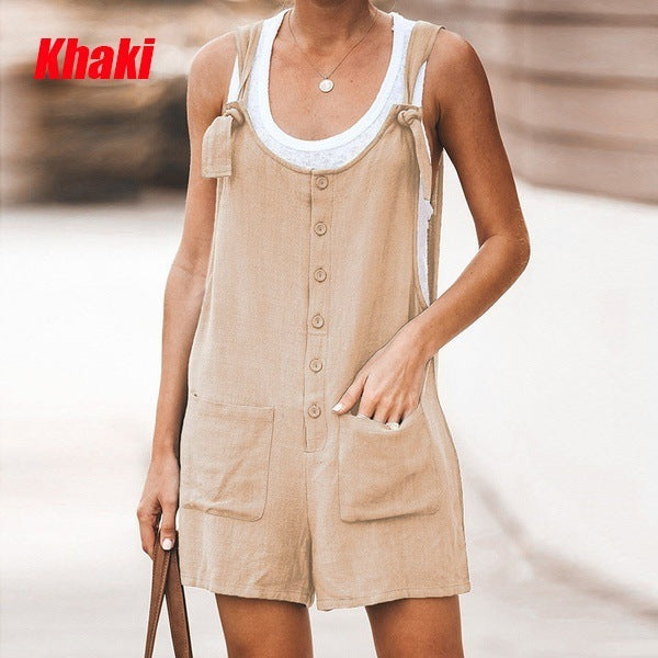 Women's Solid Color Patch Pocket Tie Cotton Linen Bib Pants