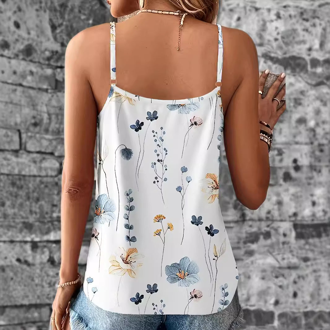 Women's European And American Style Lace Printed Lace V-neck Pullover Strap