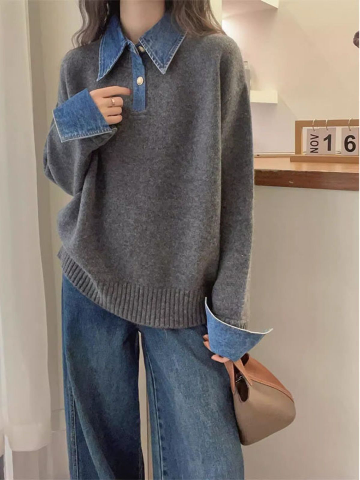 Women's Denim Sleeve Stitching Fake Two Pieces Sweaters Coat New Loose