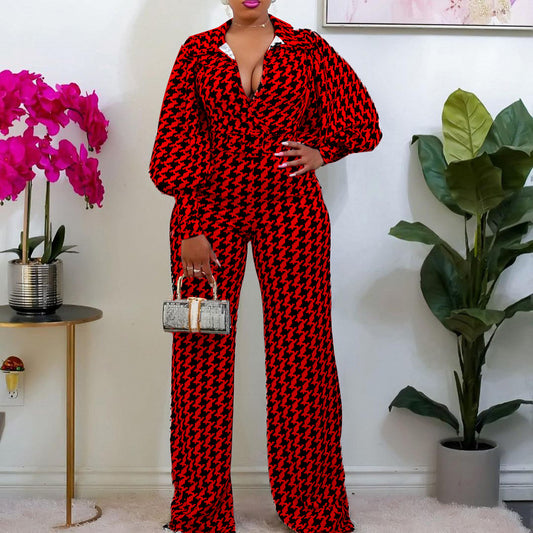 Løs Jumpsuit med V-udskæring, Lige Ben og Høj Talje