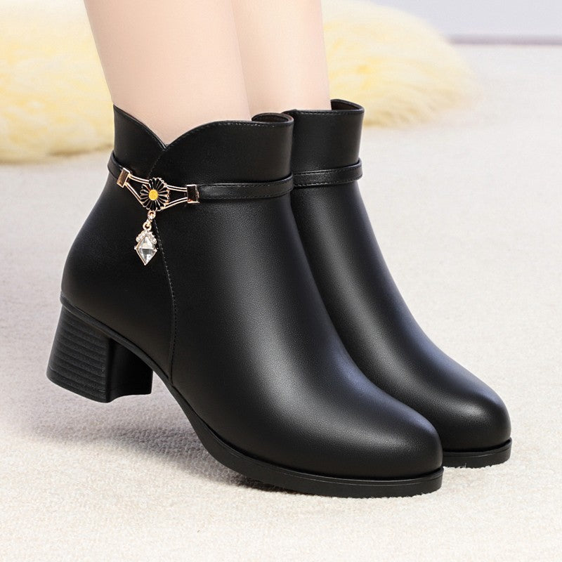 Autumn And Winter Plus Cashmere Leather Casual Short Tube Autumn And Winter Cotton Boots