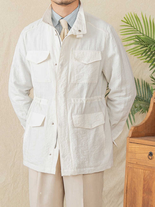 Stand Collar Jacket Linen Blended Breathable Gentry Safari Jacket Coat