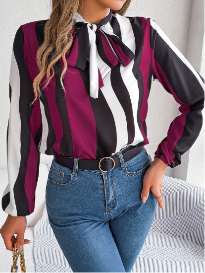 Elegant Contrasting-Color Striped Lace-Up Lantern-Sleeve Chiffon Blouse