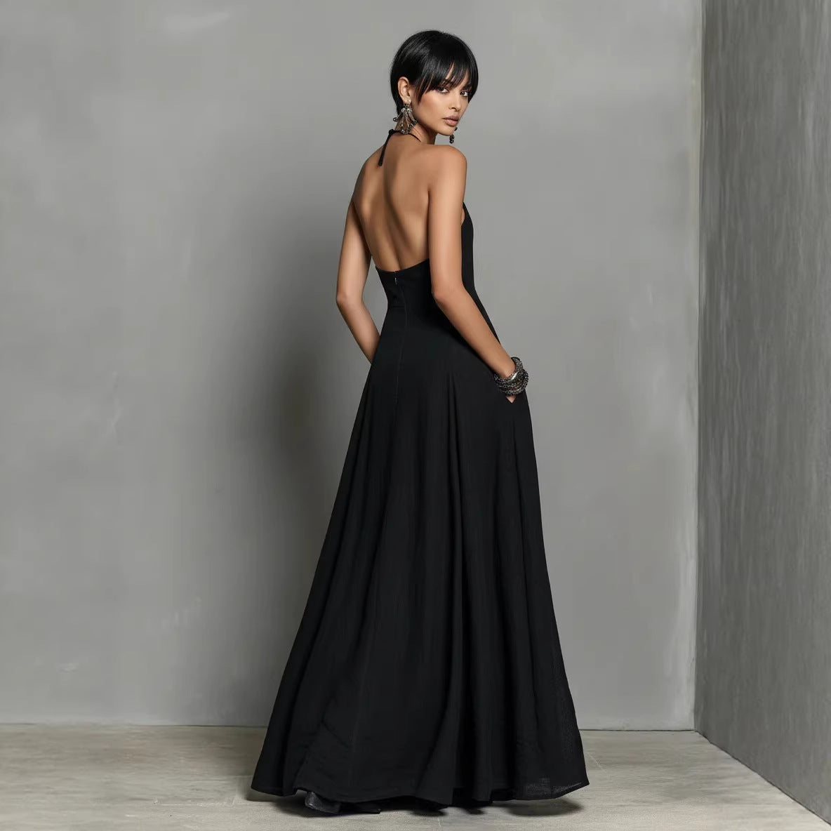 Casual Cotton-Linen Resort Halterneck Pocket Backless Dress