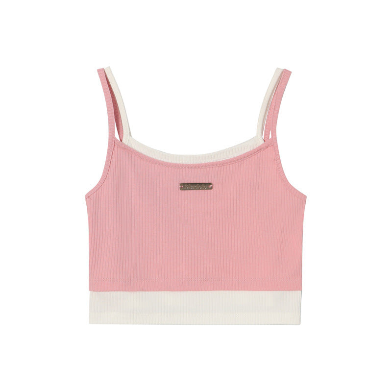 Stitching Contrast Color Design Sense Double-strap Vest Girl Fake Two Pieces