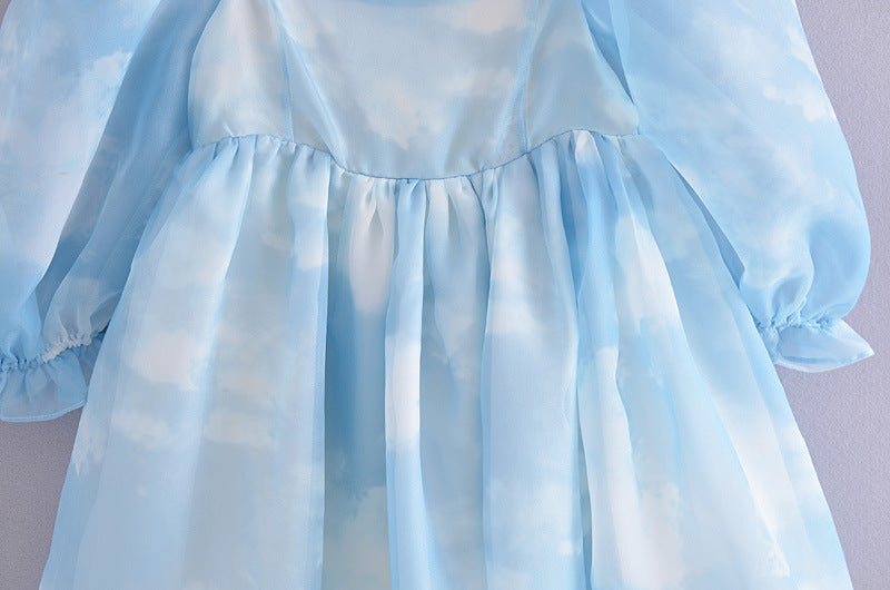 Fashion Smudged Blue Sky Cloud Puff Sleeve Dress Women