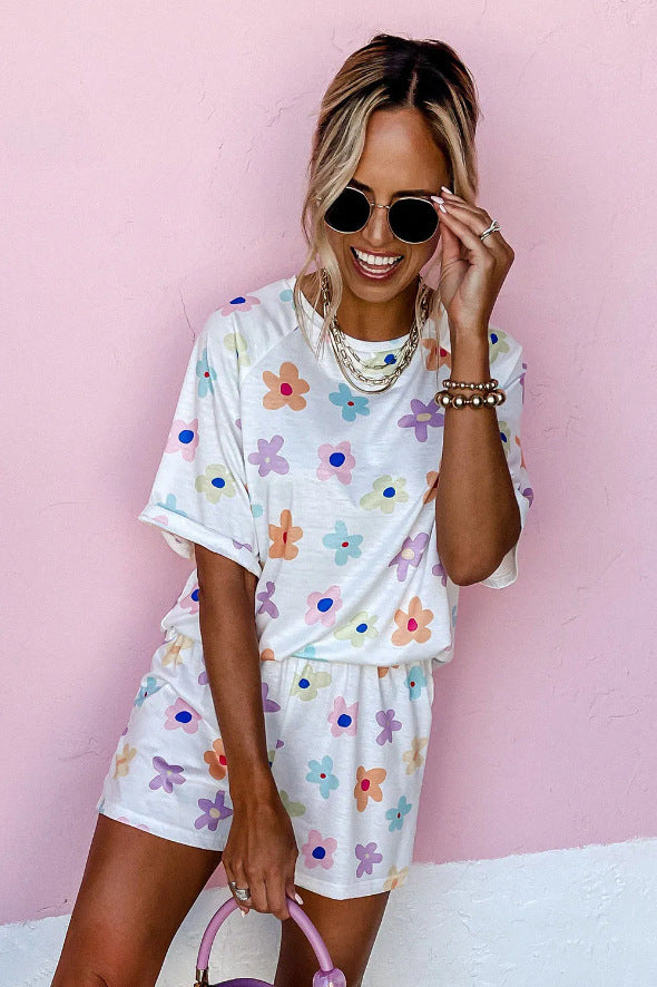 New Lady's Flower Printed Short-sleeved Shorts Suit Home Wear