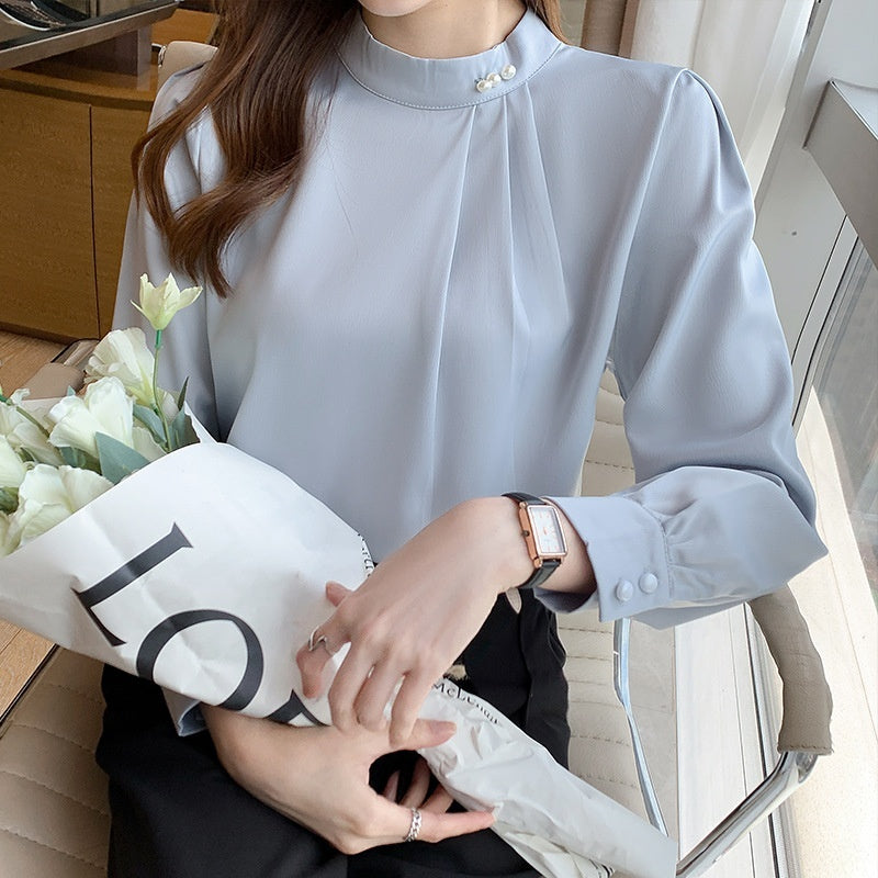 Satin Shirt Women Long Sleeve Beaded Solid Color Loose