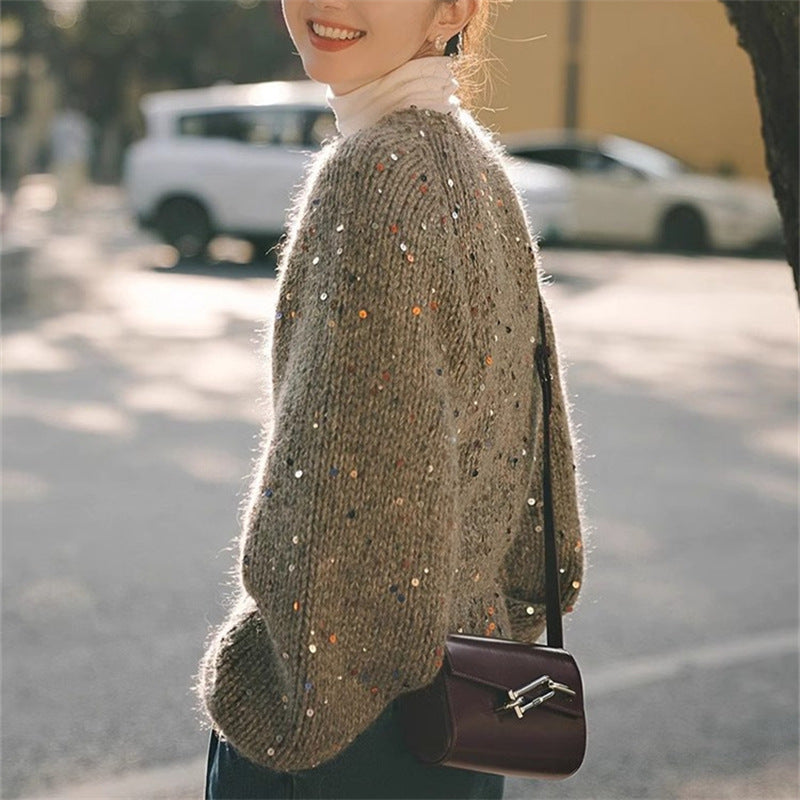 Retro Gray Sequins Sweater Cardigan Coat