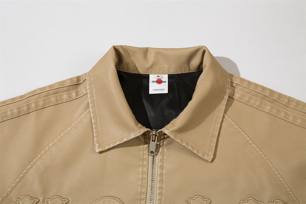 Letter Embroidery Pu Leather Coat Men