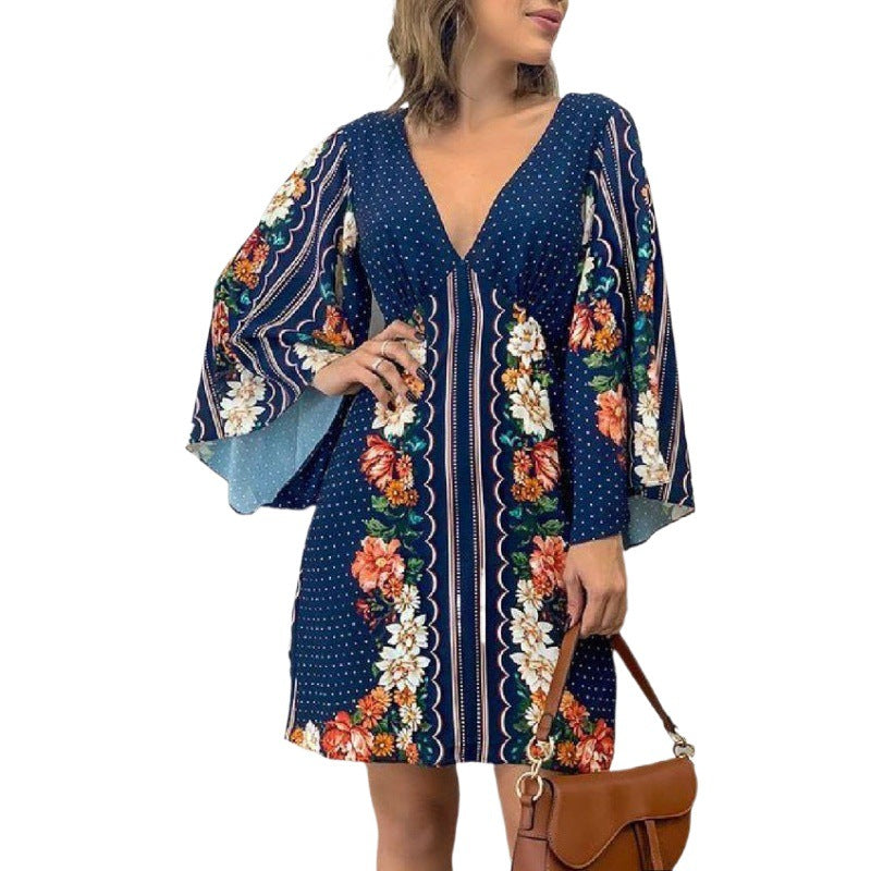 Womens V-neck Backless Long-sleeve Dress