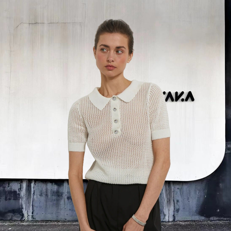 European And American Short Sleeve Lapel Hollow See-through Knitwear Solid Color And V-neck