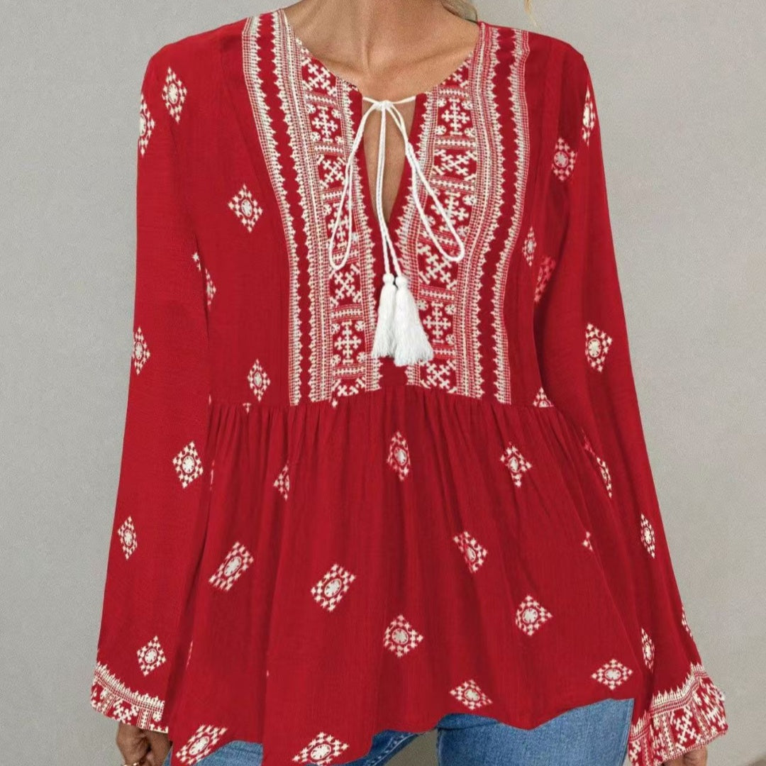 Retro National Style Half-open Collar Lace-up Loose Lantern Sleeve Shirt