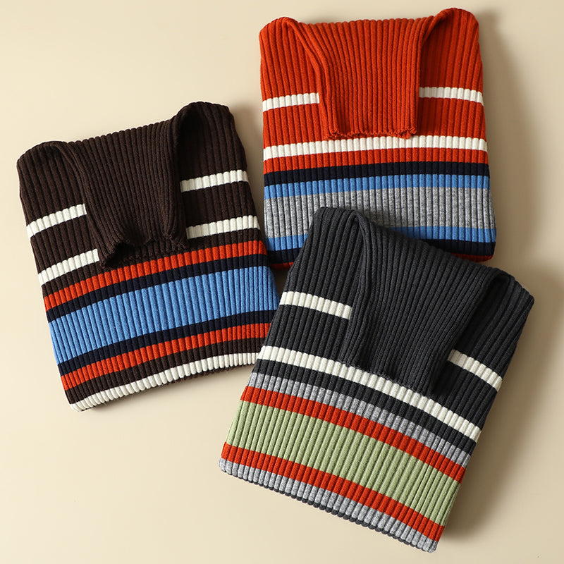 Color Striped Pullover Sweater Western Style Pile High Collar Slim Fit