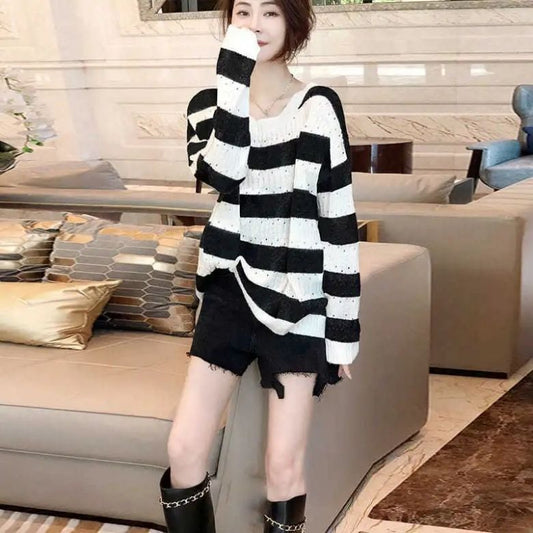 Lightweight Figure-flattering Striped Sweater For Plus-size Women This Summer