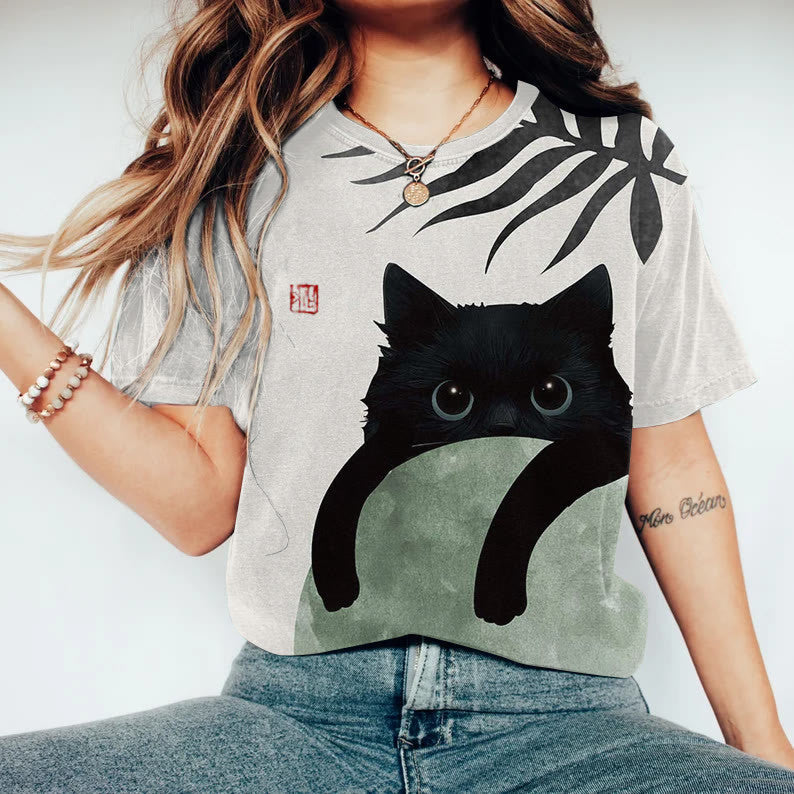Kreativ Katte-mønster Trykt Digital-print Kortærmet Dame T-shirt