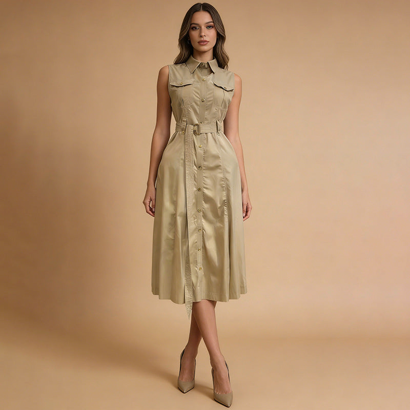 Fashionable Lapel Single-breasted Pocket-designed Sleeveless Maxi Dress