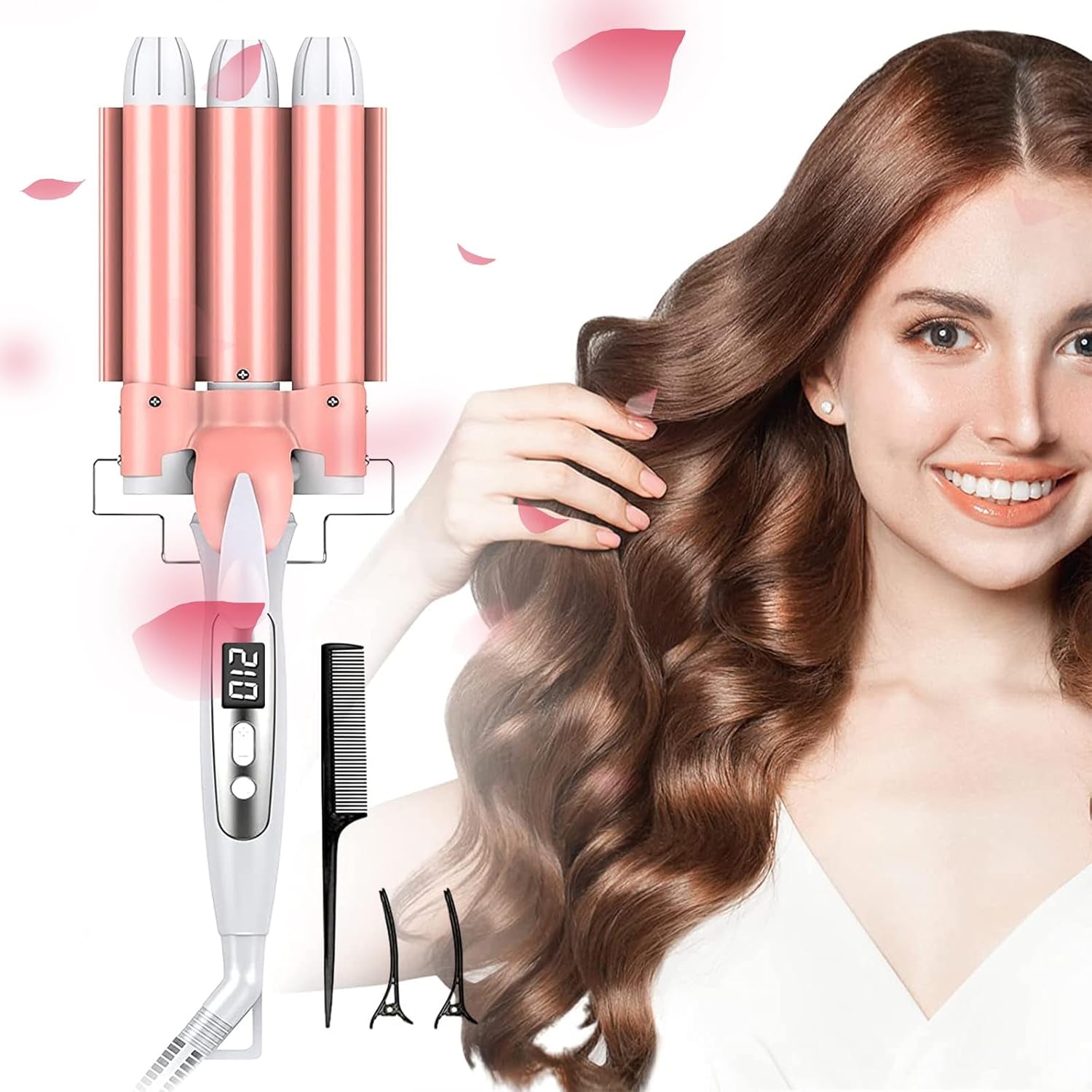 Rizador De Pelo Profesional 3 Tubo, Rizador Pelo Ondas Plancha 32Mm, Plancha Ondas Al Agua Cerámica De Pelo, Con Pantalla LCD Temperatura Ajustable, Para Peinado, Ondulado, Rizado