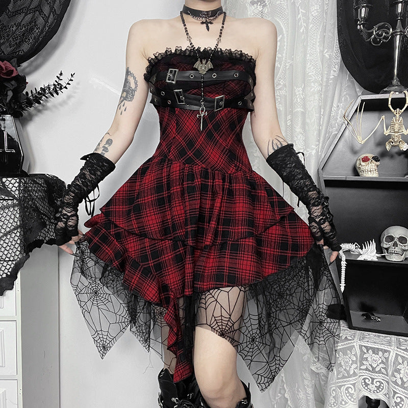 Chic Sophisticated Red Plaid Tube Dress With A Sensual High-end Vibe