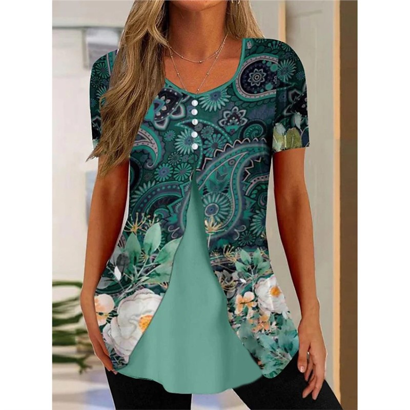 Women's Floral Print Round Neck False Two Pieces Button Short Sleeve T-shirt