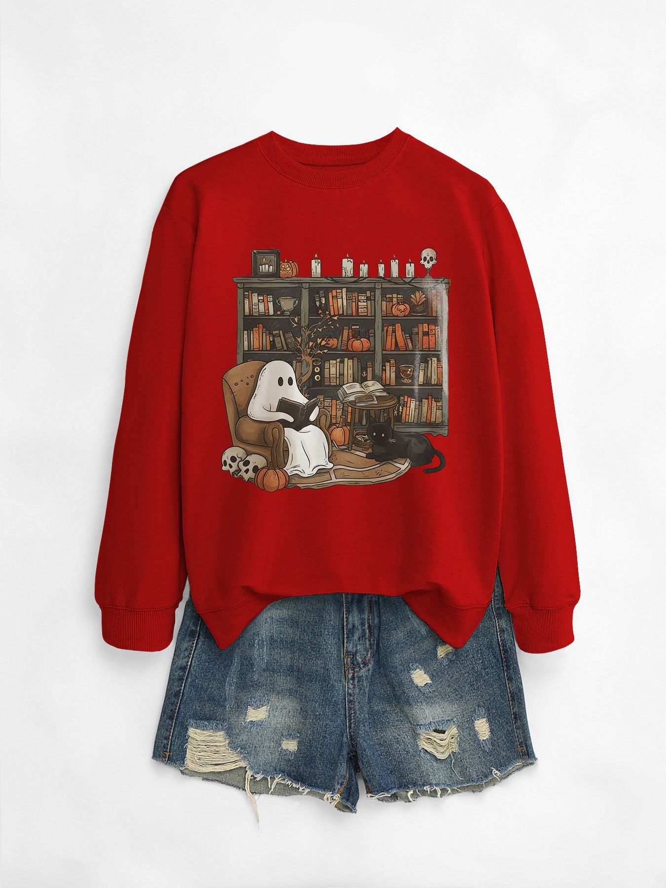 Printed Bookshelf Ghost Black Cat Round Neck Sweater