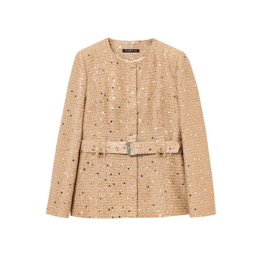Fashion With Belt Beads Decoration Round Neck Blazer