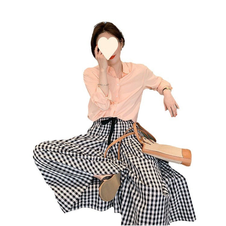 Summer Plaid Wide-leg Cotton And Linen Culottes Elastic High Waist Slimming