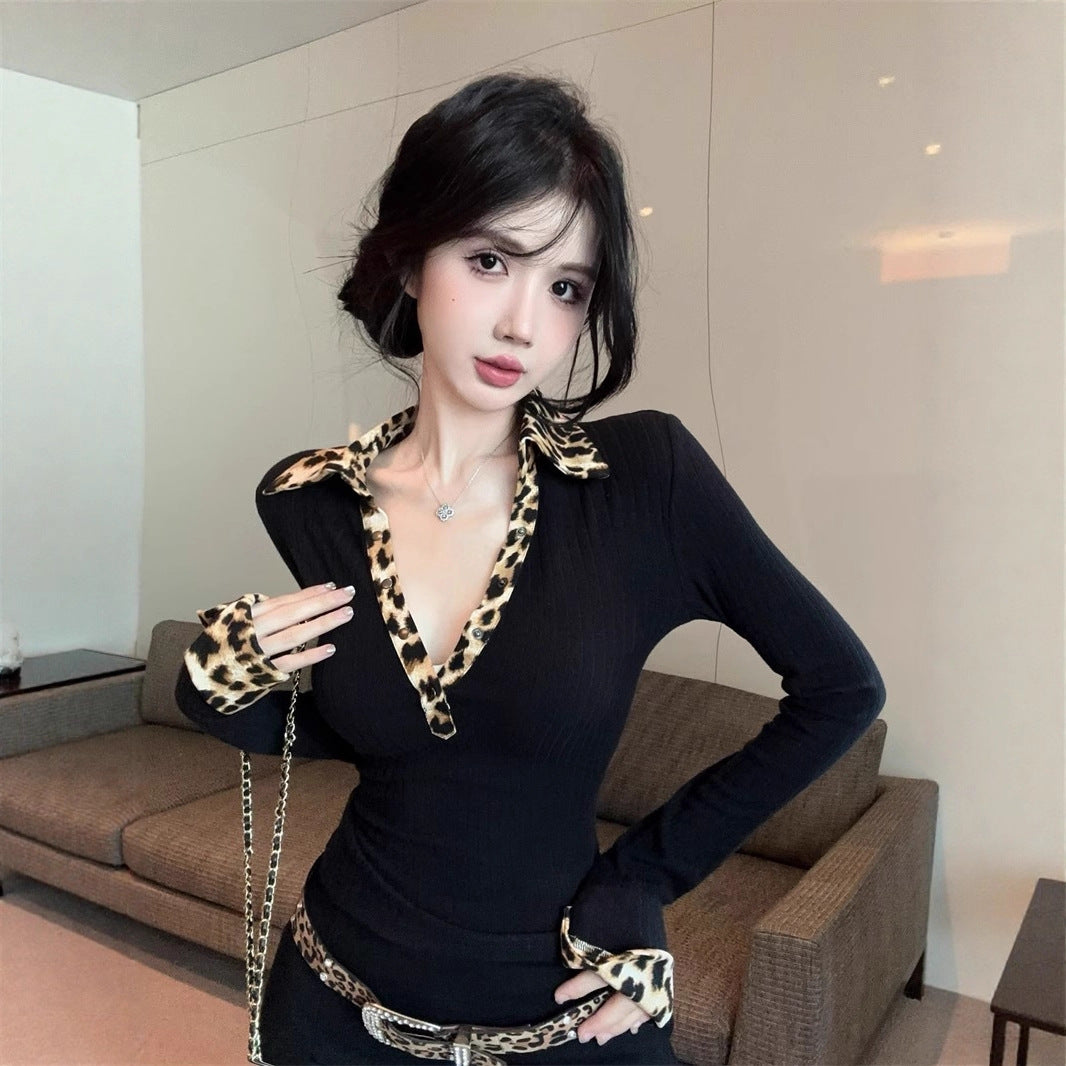 Women's Leopard Print Knitted Base Layer Top