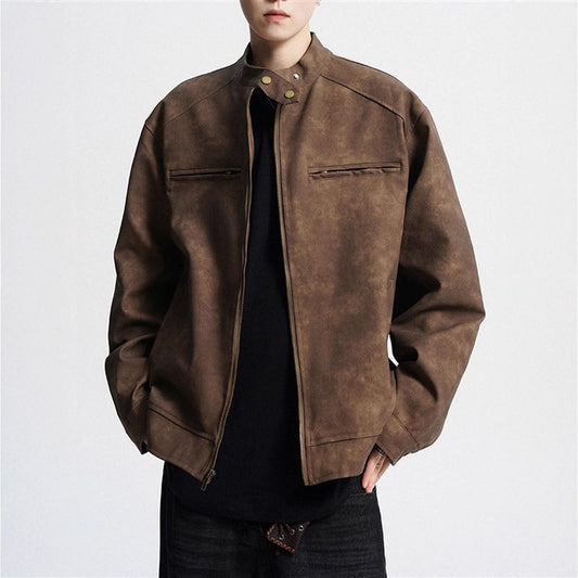 Vintage Brown Motorcycle Leather Autumn Merard Stand-up Collar Distressed Coat