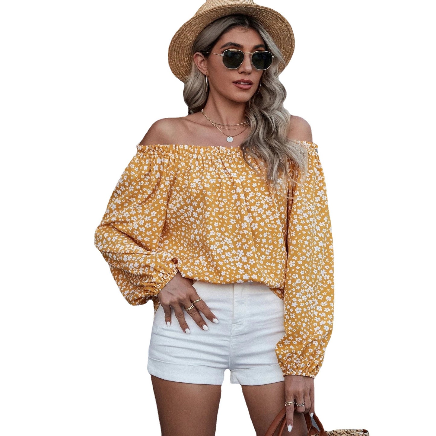 Women's Off-shoulder Printed Long Sleeve Loose Shirt