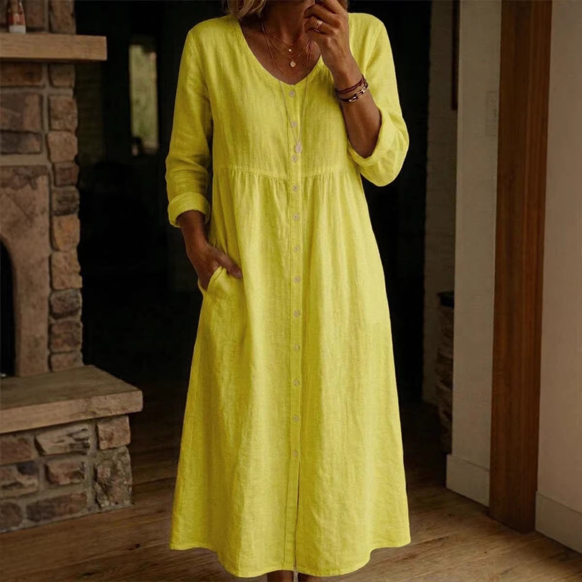 Fashionable Casual Loose Long-Sleeve Cotton-Linen Button-Up Womens Long Dress