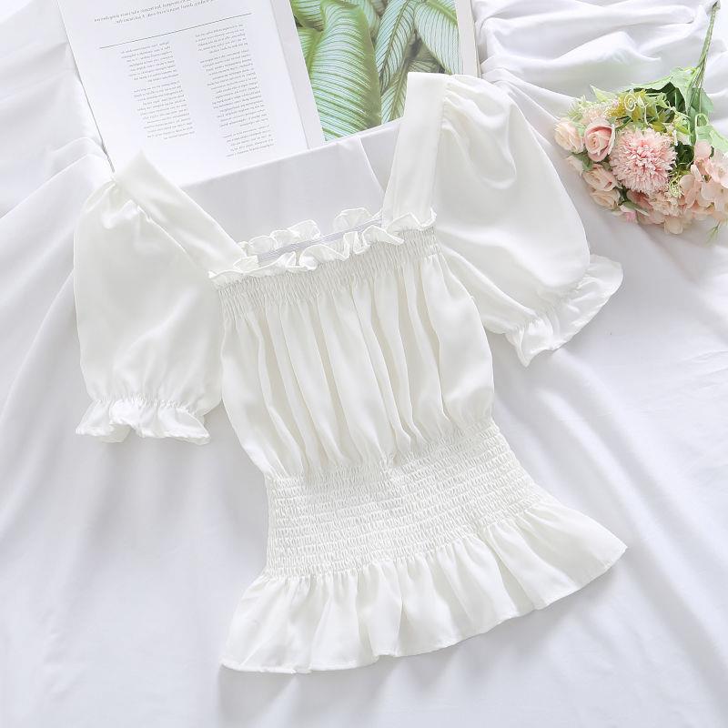 Summer New Design Sense Short Puff Sleeve Chiffon Shirt Women's Short Sleeve Square Collar Top