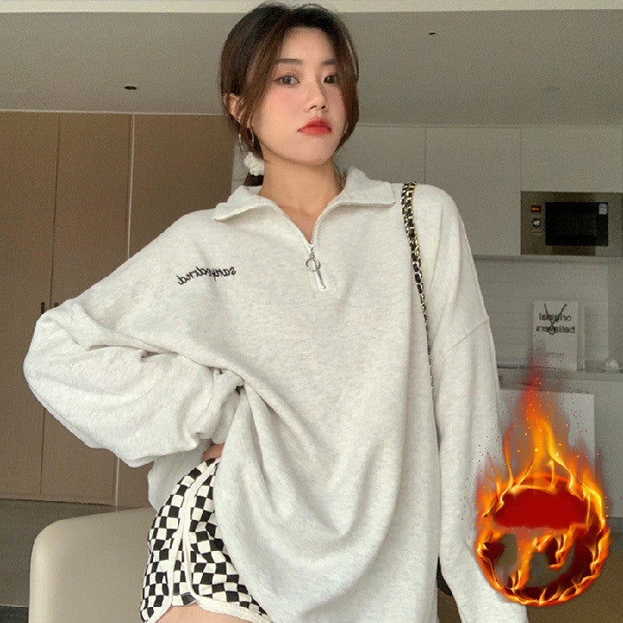 Loose Mid-length Velvet Stand Collar Sweater For Women