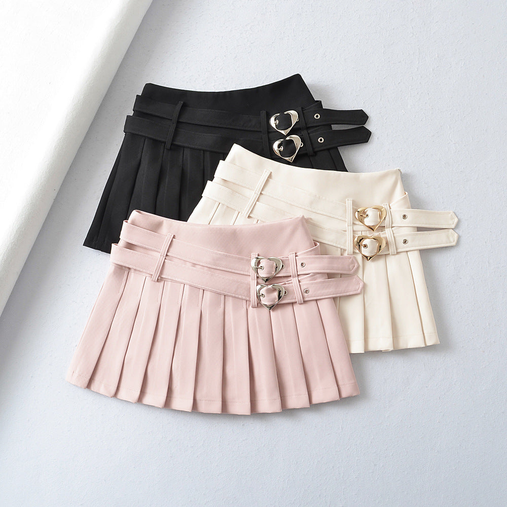 College Style Age-reducing Double Waist Heart Buckle Skirt