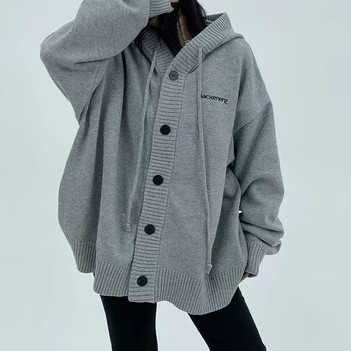 Plus Size Loose Hooded Drawstring Knitted Cardigan Sweater