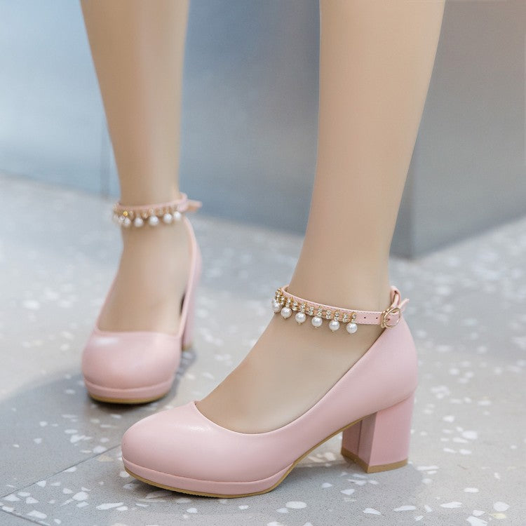 Fashion New Sweet Pearl Buckle Chunky Heel Women's Shoes