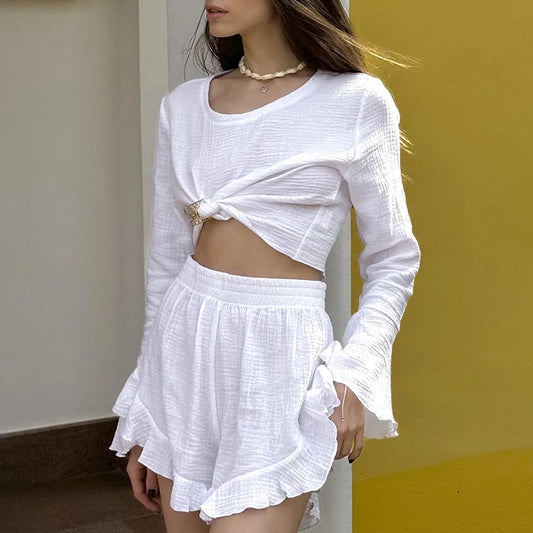 Casual Womens Lace Trimmed Short-Sleeve Top And Shorts Set